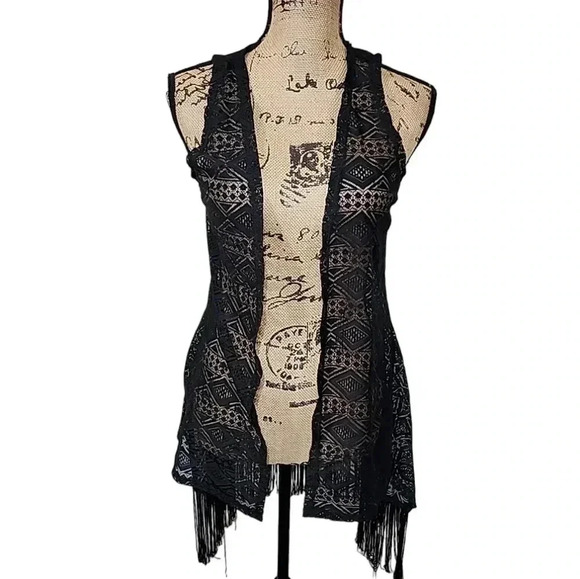 Black Fringe Open Knit Cardigan. Size Medium - Picture 1 of 5
